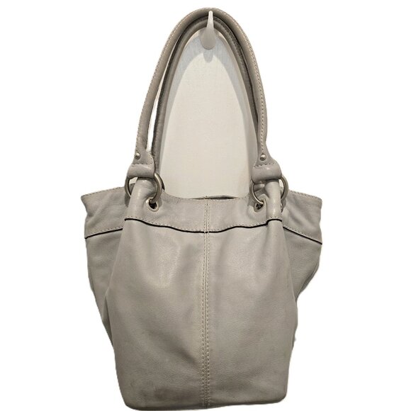 Tignanello Gray Leather Tote Bucket Bag With Striped Interior Double Handles - Picture 1 of 13